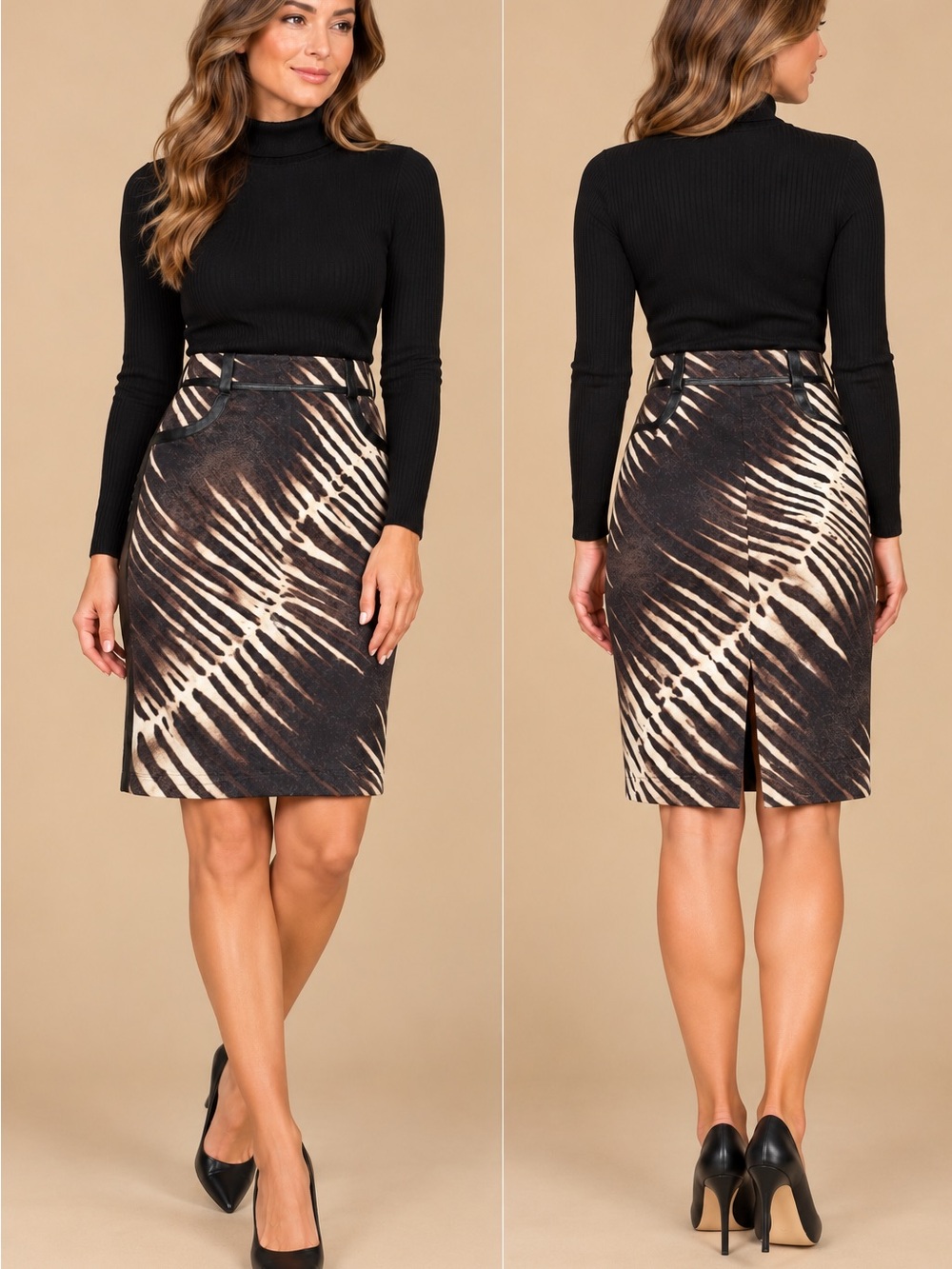High-Waist Zebra Print Pencil Skirt in Black and Cream